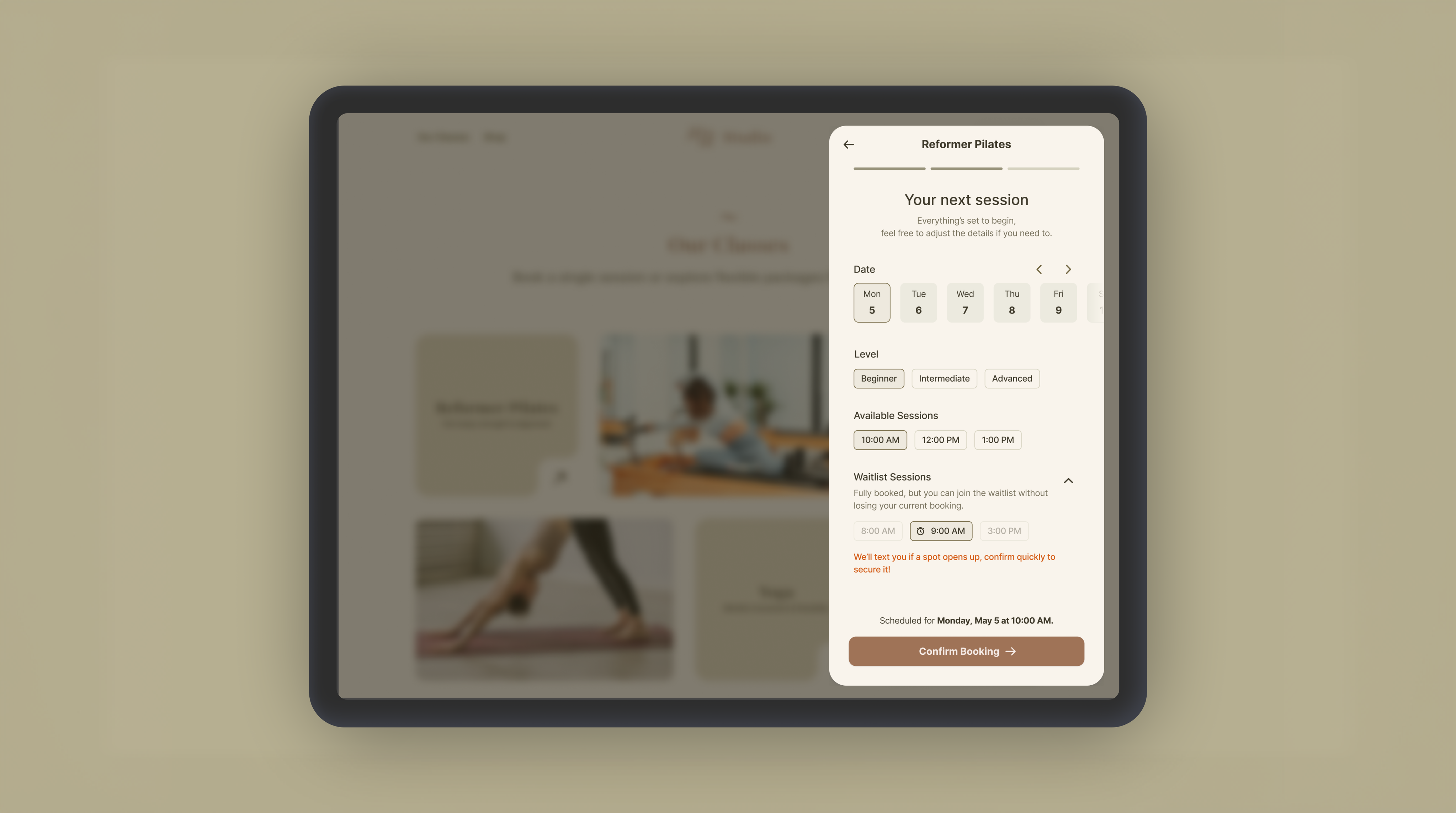 Nu booking session screen on desktop