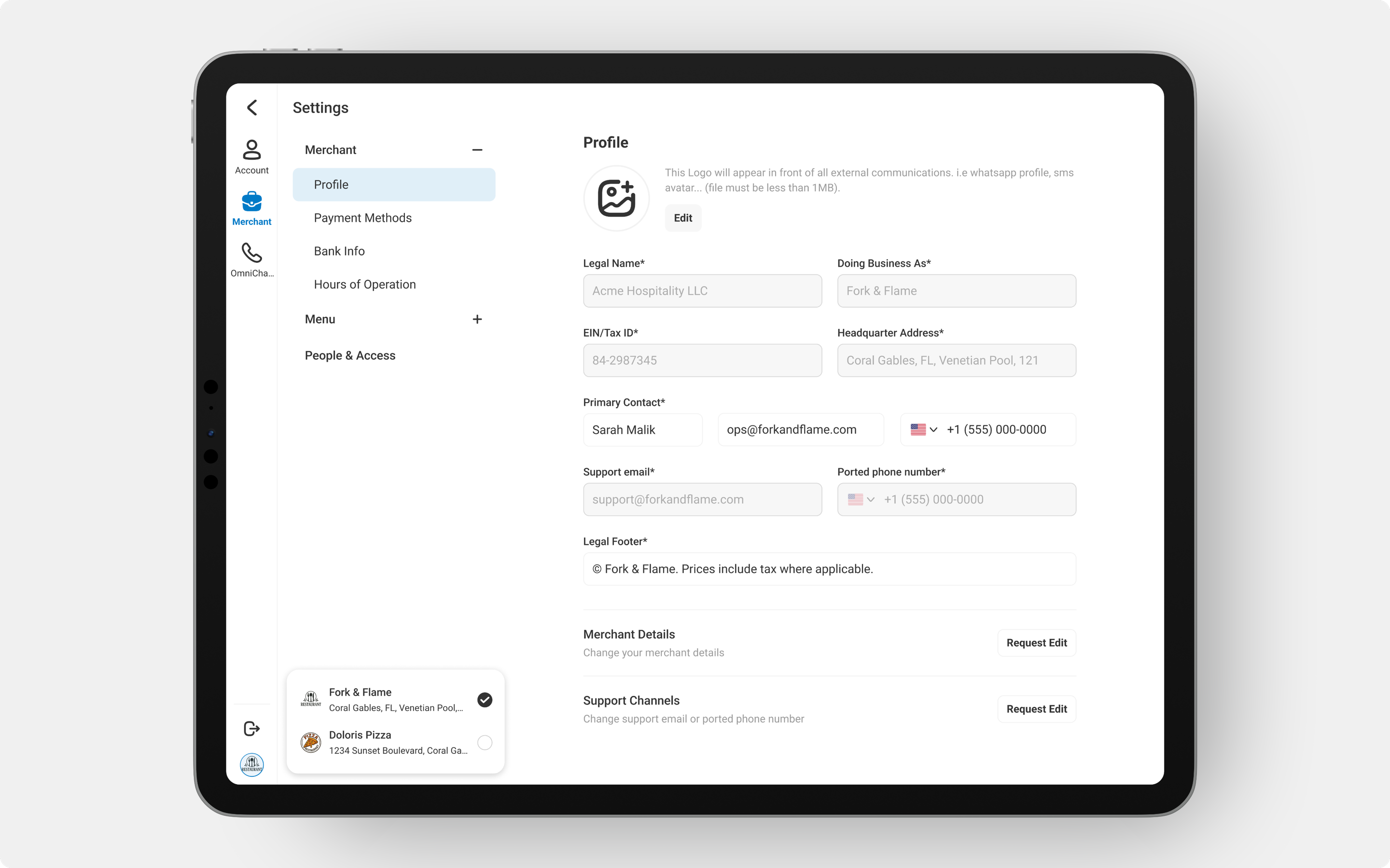 Omnichannel settings interface