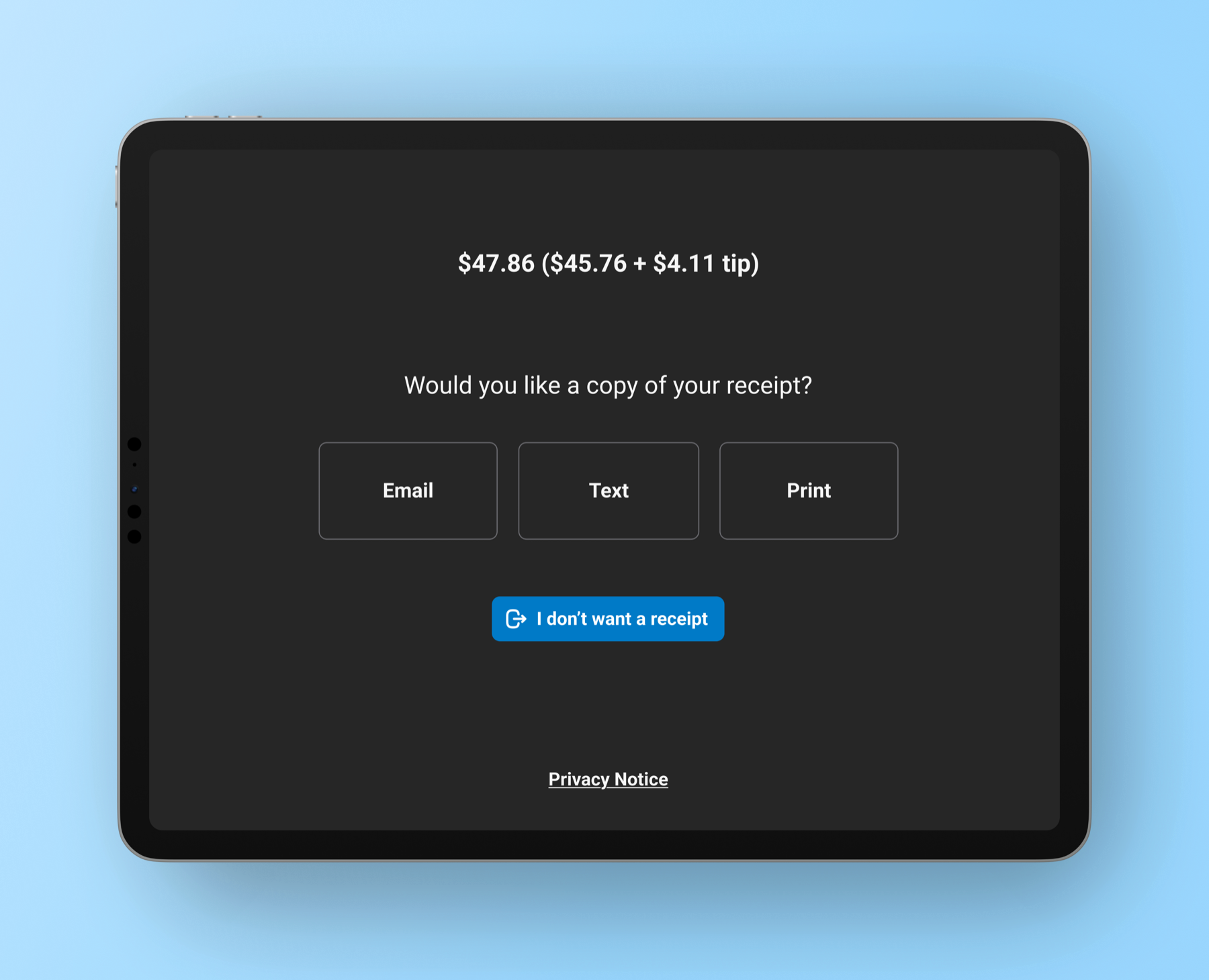 POS receipt delivery options screen
