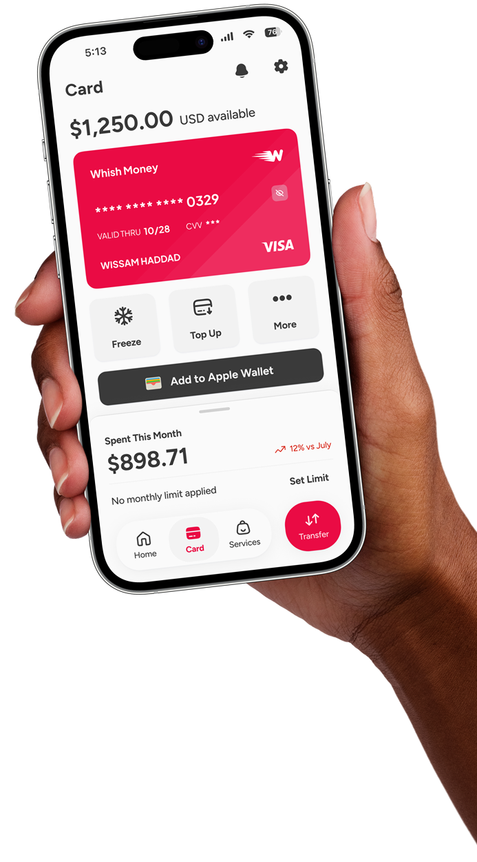 Whish card screen in hand